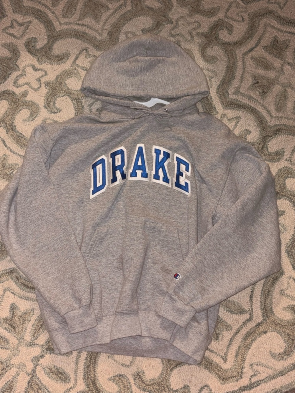 Champion Gray Hoodie with Blue 'DRAKE' Arch